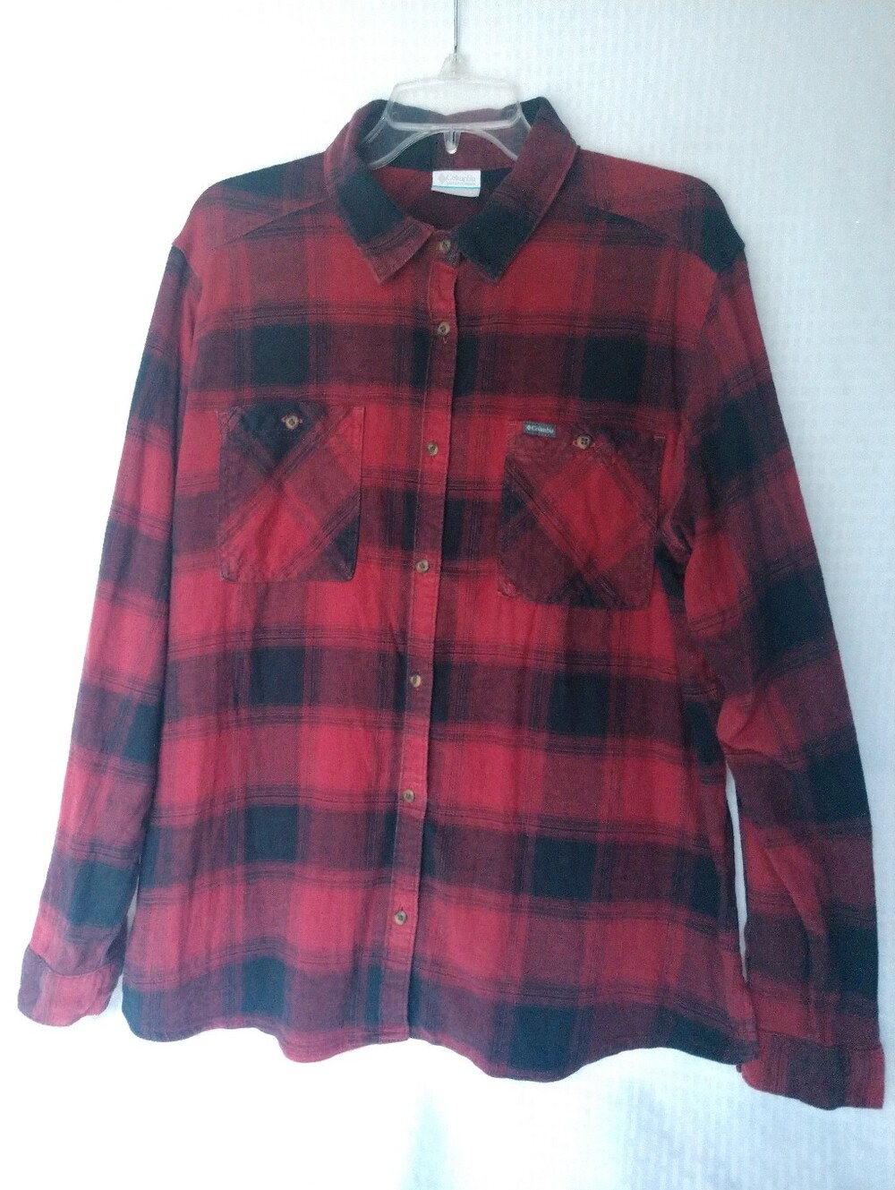 Women's Flannel Shirt Columbia Red Black Plaid Tab Sleeve Size XXL Chest 46"